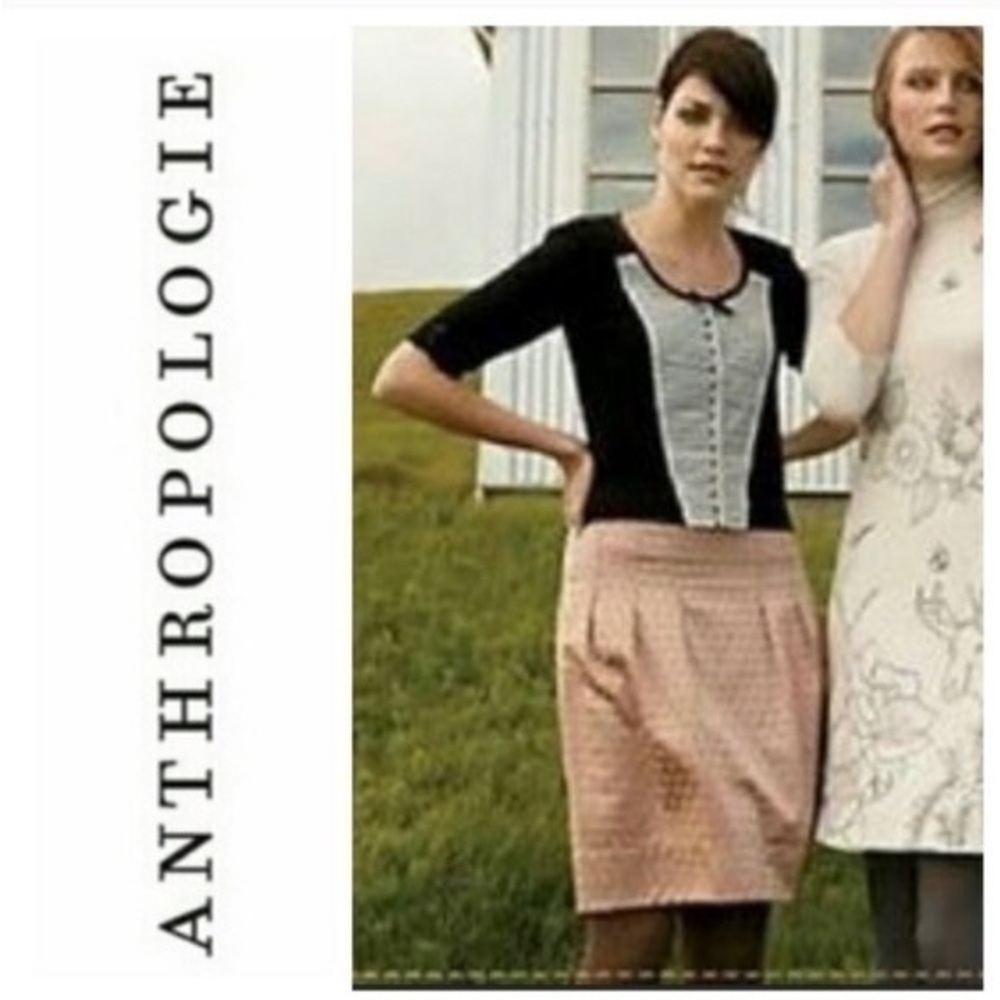 Anthropologie Elevenses Harborless Coast Pencil Skirt Taupe Gold Jacquard Dot 4